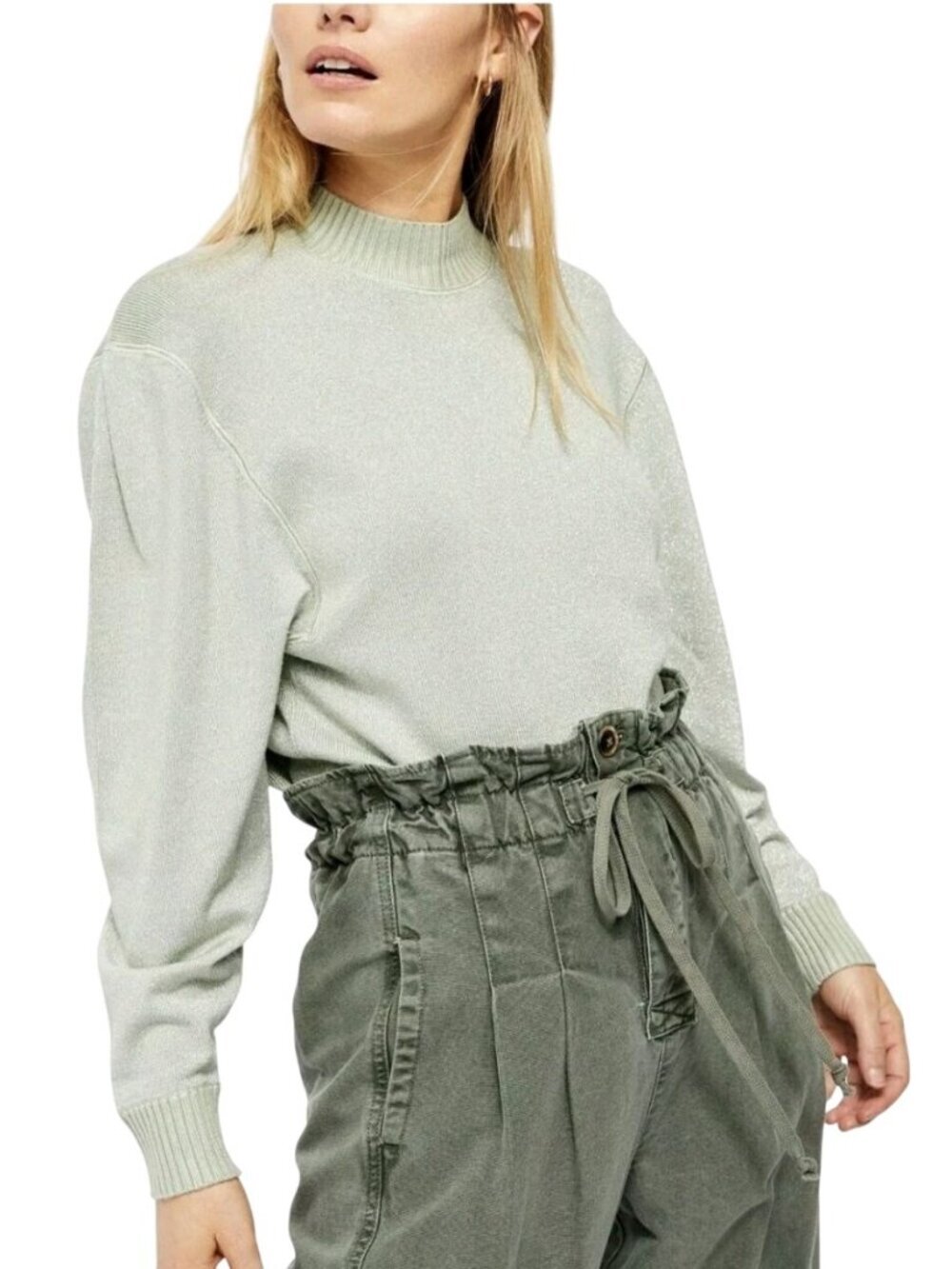 Free People Pale Green Metallic Mock Neck Puff Sleeve Sweater Size L